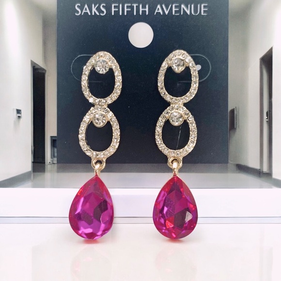 Saks Fifth Avenue Gold Plated & Pink Crystal Teardrop Costume Jewelry Earrings - Picture 3 of 3